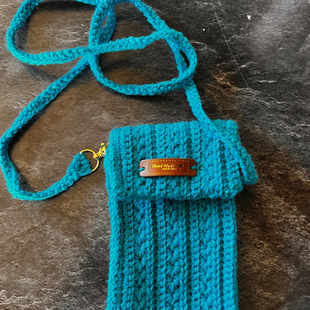 Handmade crochet phone bag with cardholder pocket and removable strap